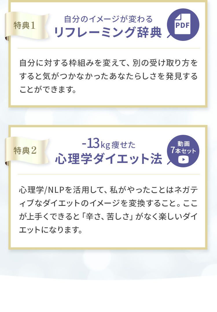 特典1:リフレーミング辞典 特典2:心理学ダイエット方